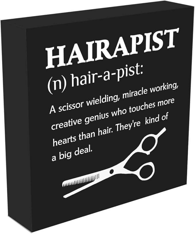 Hairstylist Gifts Wooden Box Sign, Hairapist Definition Sign Salon Decor Gifts for Hairdresser, Rustic Farmhouse Counter Beauty Shop Barbershop Hair Salon Desk Shelf Table Decor Wood Block Plaque