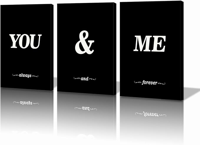 KAWAHONE 3 Pieces Black White You and Me Word Canvas Poster,Modern Lover Style Wall Art for Living Room Bedroom Home Decor
