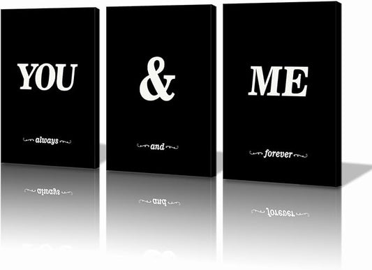 KAWAHONE 3 Pieces Black White You and Me Word Canvas Poster,Modern Lover Style Wall Art for Living Room Bedroom Home Decor