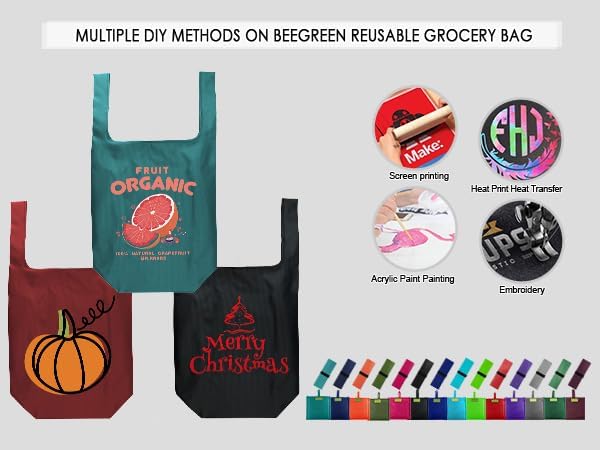 BeeGreen Marrs Reusable Grocery Bags Wholesale Green Reusable Kitchen Bags Bulk Foldable-Machine Washable with Zipper Storage Pouch 50 Packs