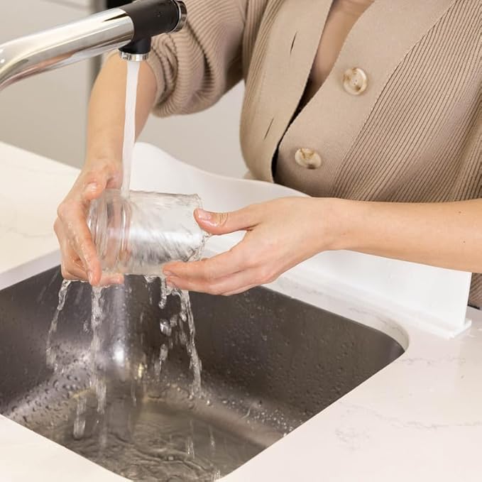 TYOARO Silicone Sink Splash Guard - Water Splash Guard for Kitchen, Island and Bathroom - Secure Non-Slip Suction Cup Base - Dishwasher Safe, White (17.4 x 1.7 x 3.6")
