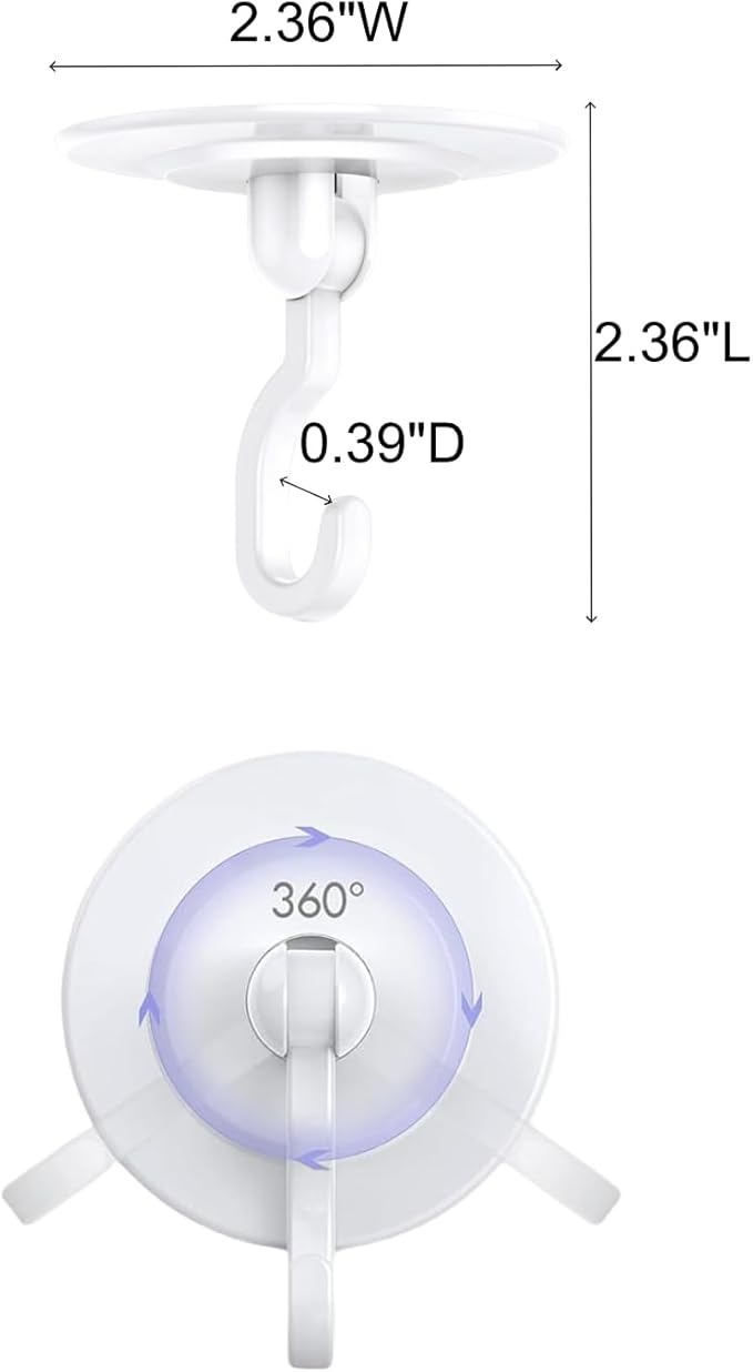 Adhesive Wall & Ceiling Decor Hooks: 8-Pack 3 lbs Heavy Duty No-Drill 360° Swivel Adjustable for Hanging Home Accents Lights Plants Wind Chimes Compatible with 3M Command Strips