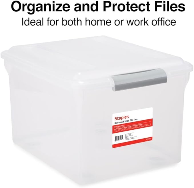 STAPLES Store & Slide Plastic File Box Latching, Letter/Legal Size, Clear, 4/Carton
