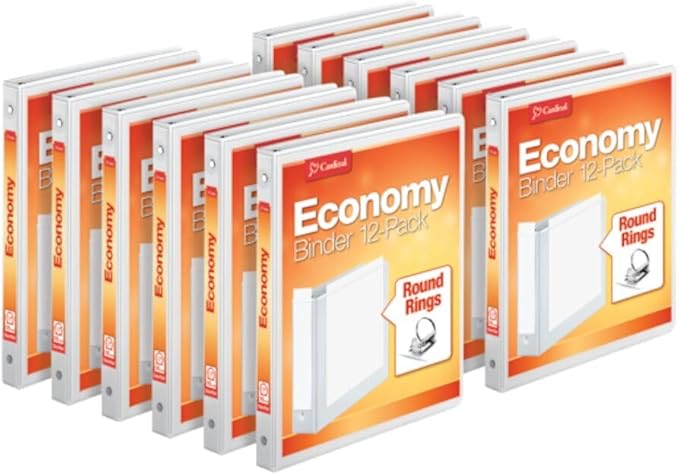 Cardinal 0.5 Inch 3 Ring Binders, White, 12 Pack, Round Ring Binder, Holds 125 Sheets, PVC Free, Customizable Covers, 2 Pocket View Binders for Office and School Organization