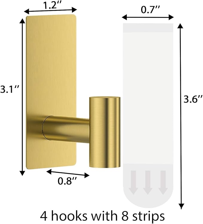 4 Pcs Towel Hooks Heavy Duty for Hanging, Adhesive Wall Hooks with Removable Strips, Sticky No Damage, Outdoor for Bathrooms, Shower, Stockings, Decor, Robe, Large, Gold 304 Stainless Steel