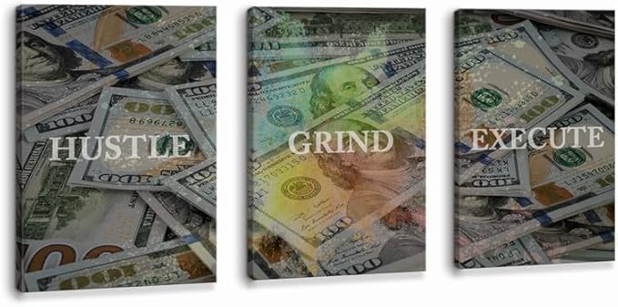 KAWAHONE Motivational Canvas Wall Art Hustle Grind Execute Wall Art Inspirational Posters Entrepreneur Quotes Prints Wall Decor Inspiring Success Decor For Office Bedroom Living Room