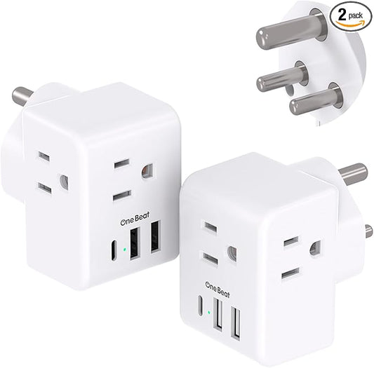2 Pack India Power Adapter, One Beat Type D Plug Adapter with 3 American Outlets 3 USB Ports(1USB C), 6 in 1 India Travel Plug Adapter for US to India, Bangladesh, Kuwait, Maldives