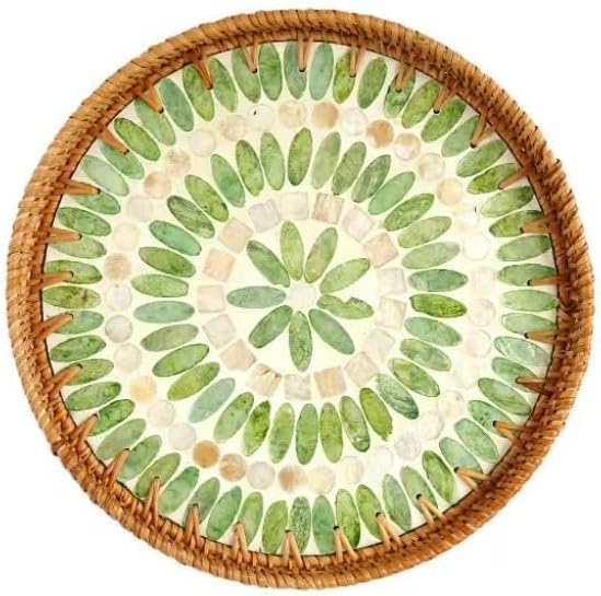 Handmade Round Rattan Tray with Mother of Pearl Inlay, Rattan Serving Tray with Wooden Base, Table Decoration with Wicker Baskets, for Storing and Displaying Bread, Fruit, Desserts (Green Grape)