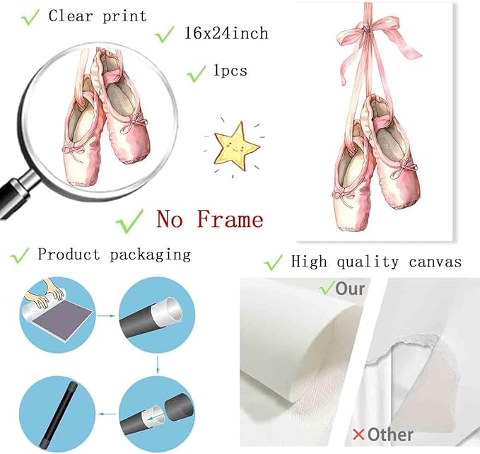 Mostemauo Ballet Shoes Painting Dancer Wall Art Ballet Pictures Pink Bow Pictures Elegant Vintage Wall Art Aesthetics Watercolor Painting Trendy Modern Abstract Girls' Room Decor 16x24inch No Frame