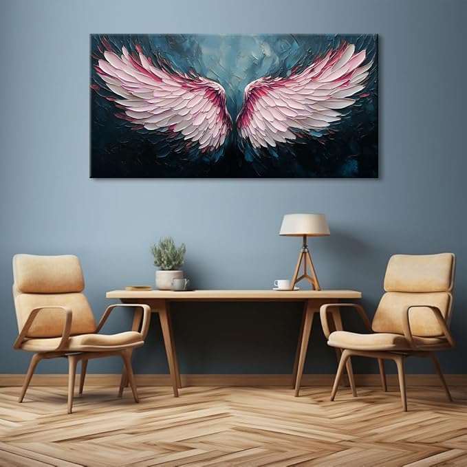 ZESTRILIA Angel Wings Wall Art for Girls Room Pink Navy Blue Canvas Oil Painting Prints Modern Abstract Fantasy Anime Artwork Living Bedroom Office Decor Extra Large (58x28 Inches)