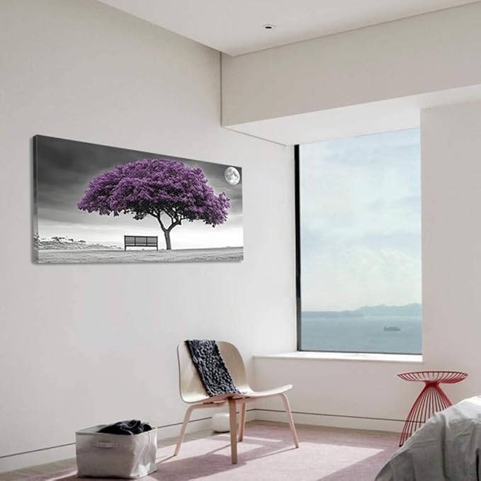 ZESTRILIA Country Purple Tree Wall Art for Living Room Office Violet Gray Moon Canvas Painting Prints Artwork Dining Bedroom Decor Extra Large (58x28 Inches)