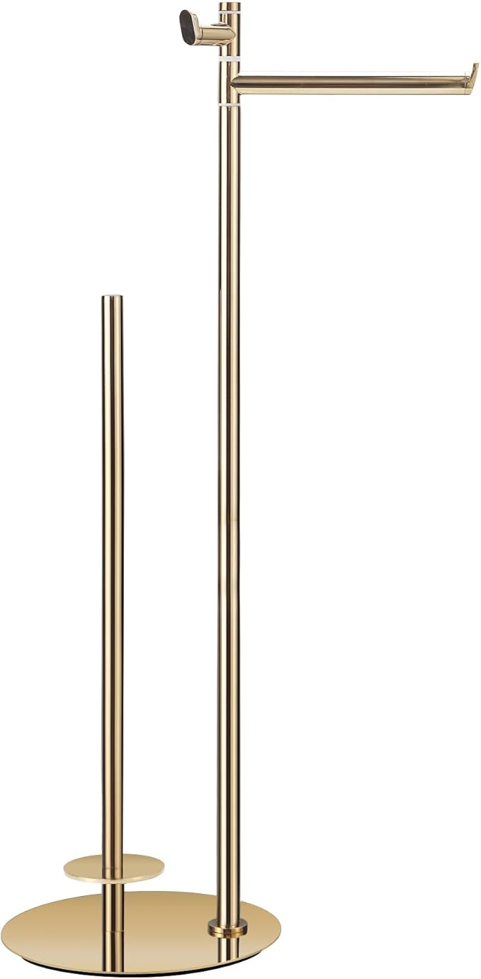 BVL Toilet Paper Holder Stand in Gold, SUS304 Stainless Steel, Weighted Base, Holds 5 Jumbo Rolls, Waterproof Pad, Compact Space-Saving Design with Built-in Hook for Modern Bathroom Storage