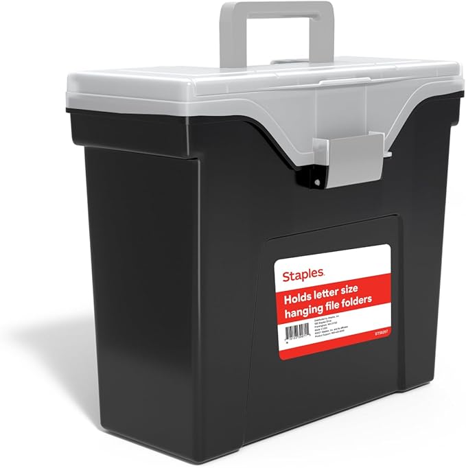 STAPLES File Box - Portable Storage Organizer, Letter Size, Black with Lift-Off Lid & Easy-Grip Handle