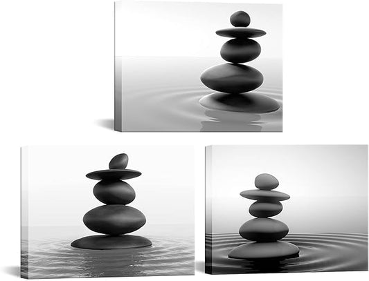 Apicoture Zen Stone Wall Art - Black and White Zen Stones Poster Canvas Wall Decor for Spa Room Bathroom Home Decorations 12"X 16"X 3 Pieces