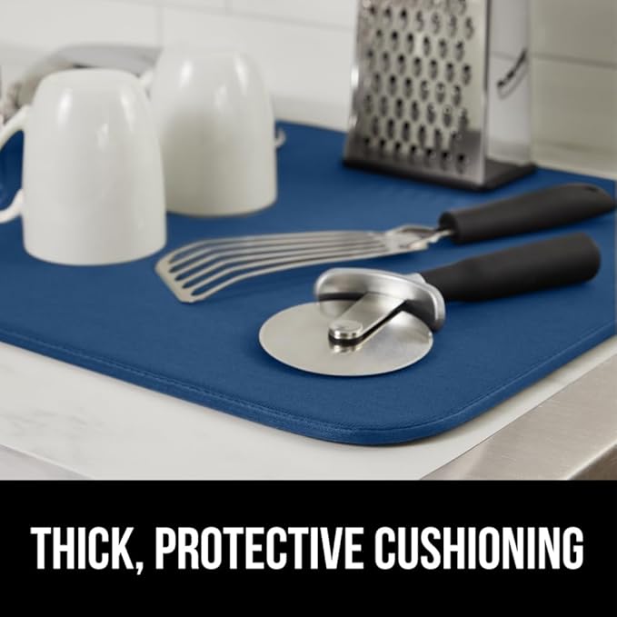 GORILLA GRIP Ultra Water Absorbent Microfiber Dish Drying Mat, 18x24, Quick Dry Thick Mesh, Slip Resistant Pad for Sink Dishes or Under Rack, Kitchen Counter Accessories, Machine Wash, 2 Pack Blue