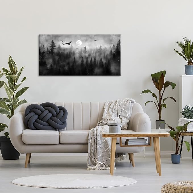 ZESTRILIA Forest Wall Art Black & White Moon Night Retro Canvas Prints Modern Rustic Paintings Nordic Artwork Landscape Picture for Country Farmhouse Living Room Bedroom Home Office Décor (23x46inch)