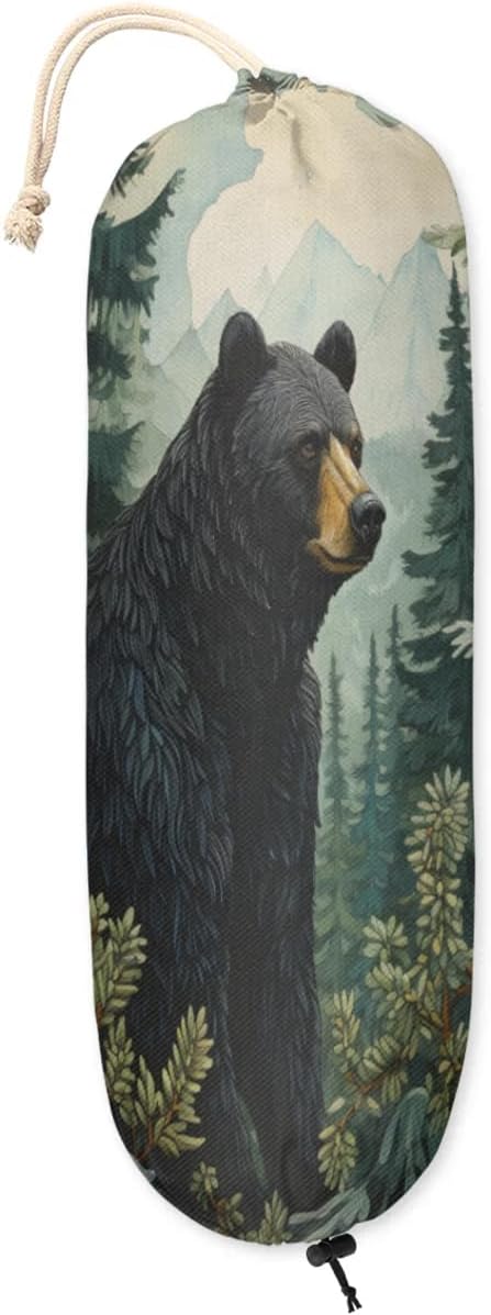 Sabokido Forest Bear Plastic Bag Holder Green Tree Grocery Bag Storage Dispenser Washable Hanging Shopping Bags Carrier Reusable Wall Mount Trash Bag Organizer for Kitchen Pantry