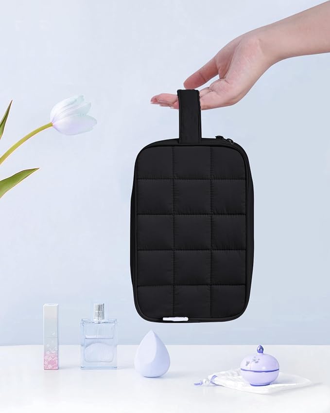 Narwey Puffy Travel Toiletry Bag for Traveling Women Girl, Travel Bag for Toiletries, Cute Travel Makeup Bag Organizer, Quilted Cosmetic Bag Make Up Skincare Medicine Bags