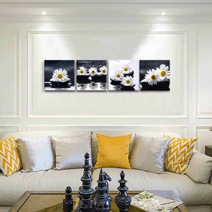 Yxbhhym-Black and White Wall Art Zen Décor Canvas Print Daisy Poster Painting Flower Stone Picture Meditation Artwork for Bathroom Decoration Dining Wall Art Bedroom Living Room Decor Office Framed