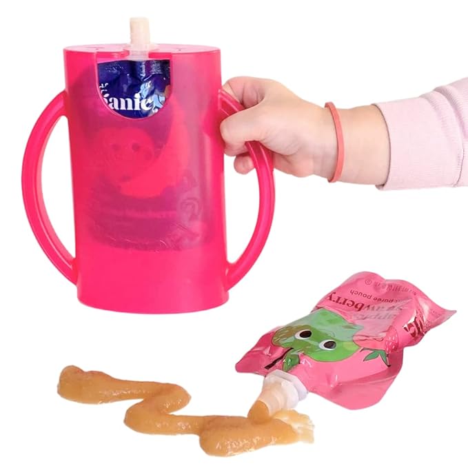 Flipping Holder Squeeze Proof Pouch Holder (2-pack with lids) for Food Pouches & Juice Boxes - Multipurpose - Prevent Messes & Support Self-Feeding - Easy Grasping Handles - Made in USA