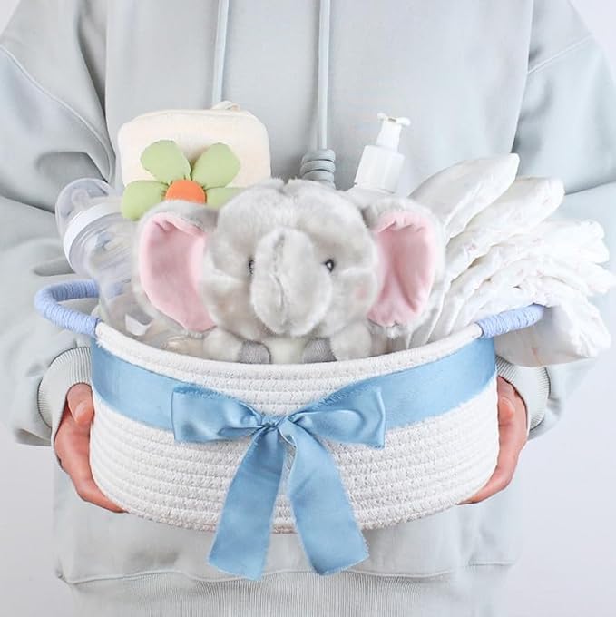 Yimi's Dream Basket for Gifts, Small Cute Shelf Baskets for Babies, Wedding, Birthday, White Rope Baskets with Blue Handle for Home Decor (Oval, 12"x 8"x 5")