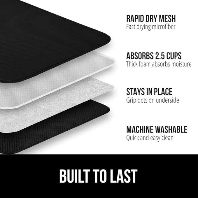 GORILLA GRIP Ultra Water Absorbent Microfiber Dish Drying Mat, Quick Dry Thick Mesh, Slip Resistant Pad for Sink Dishes or Under Rack, Kitchen Counter Accessories, Machine Wash Mats, 18x16 Inch, Black