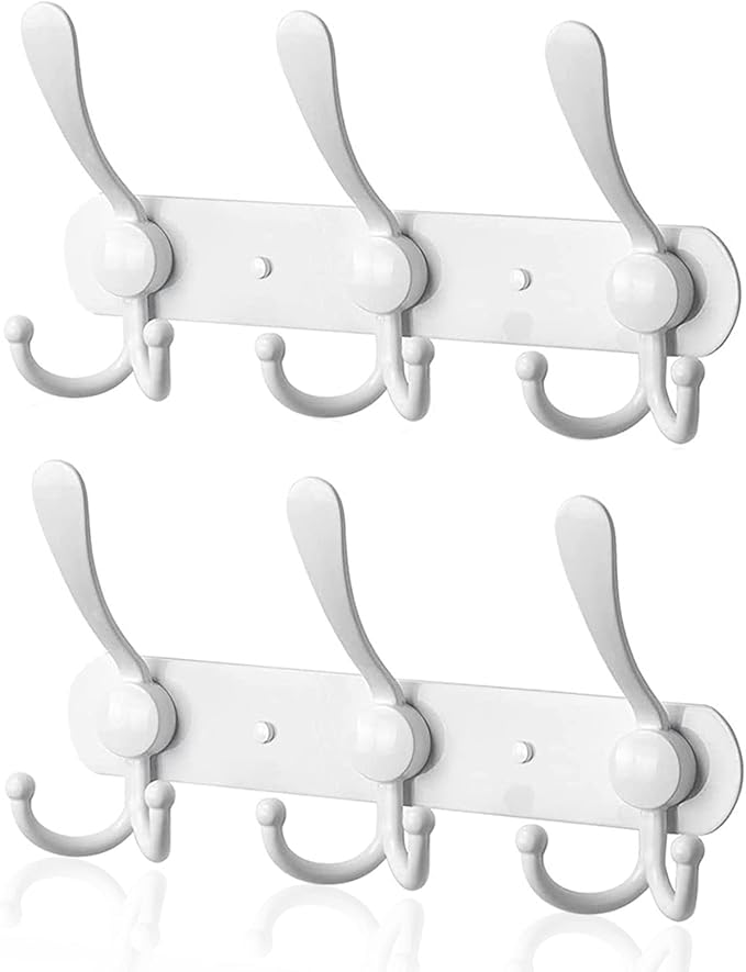 Coat Rack Wall Mounted,3 Tri Stainless Steel Coat Hook for Coat Hat Robes Towel in Mudroom Entryway (White, 2 Pack 3 Hook)