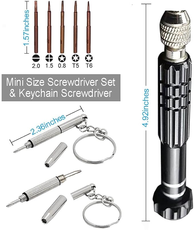 Eyeglass Repair Kit，5-in-1 Multifunctional Small Screwdriver(T6 Torx, T5, 1.5, -2.0, star0.8) & 3-in-1 Mini Keychain Screwdriver Kit for Cellphone, Glasses, Electronics, Watch, Laptop, Jewelry