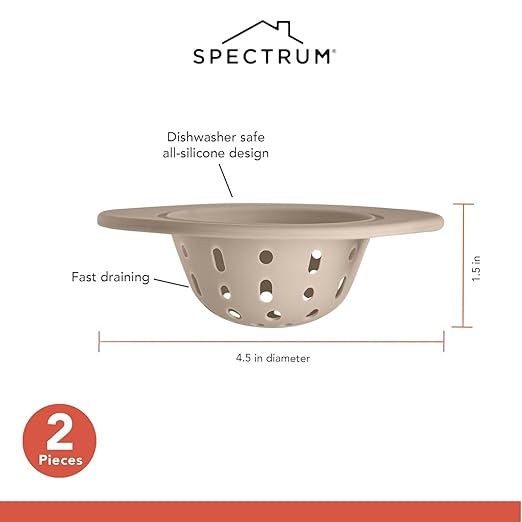 Spectrum Silicone Sink Strainer 2-Pack - Flexible Kitchen Sink Drain Strainer, Fits Standard Sinks, Drain Guard Catch Food Debris for Sink Protection, Easy Removal, Dishwasher Safe, Taupe