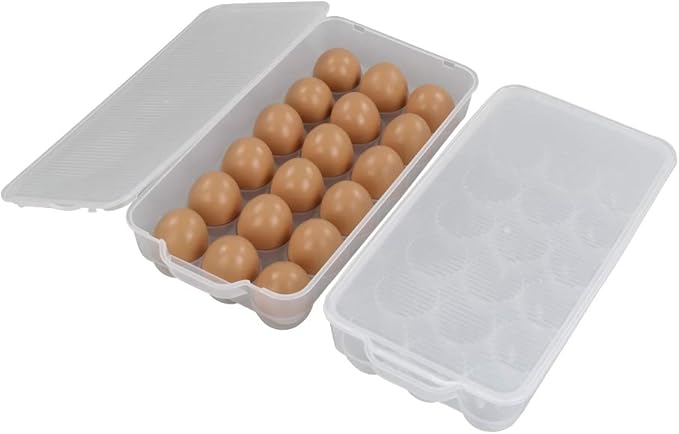 Teyyvn 2-Pack Clear Refrigerator Plastic Egg Holder Storage Bin with Lid, Stores 18 Eggs, F