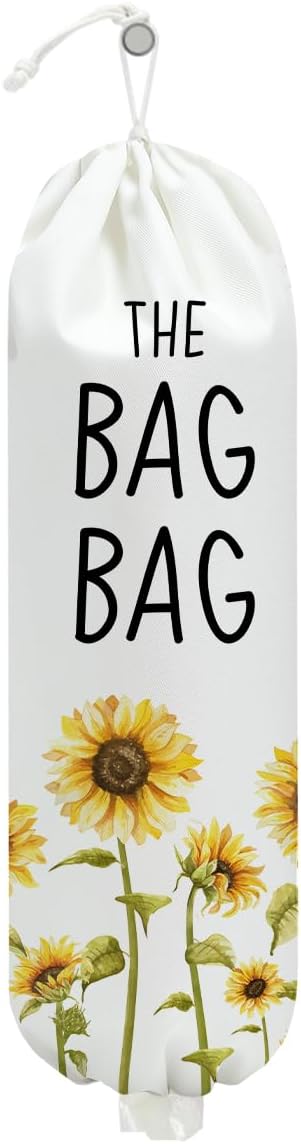 Sunflower Plastic Bag Holder, Wall Mount Grocery Bag Holder for Plastic Bags, Pull Rope Free Adjustment, Sunflower Reusable Shopping Bags Storage Dispenser for Home Kitchen Pantry, 22.5x9 Inch