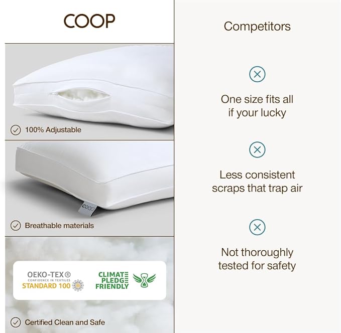 Coop Home Goods Essence Down Alternative Pillow Set of 2, Queen Size, Best Pillows for Sleeping, Adjustable Alternative to Down Pillows, Luxury Hotel Pillow for Back, Stomach or Side Sleepers