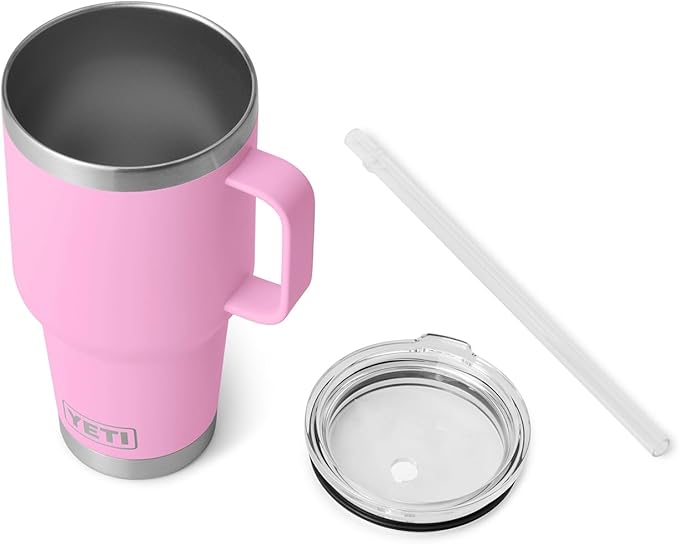 YETI Rambler 35 oz Tumbler with Handle and Straw Lid, Travel Mug Water Tumbler, Vacuum Insulated Cup with Handle, Stainless Steel, Power Pink