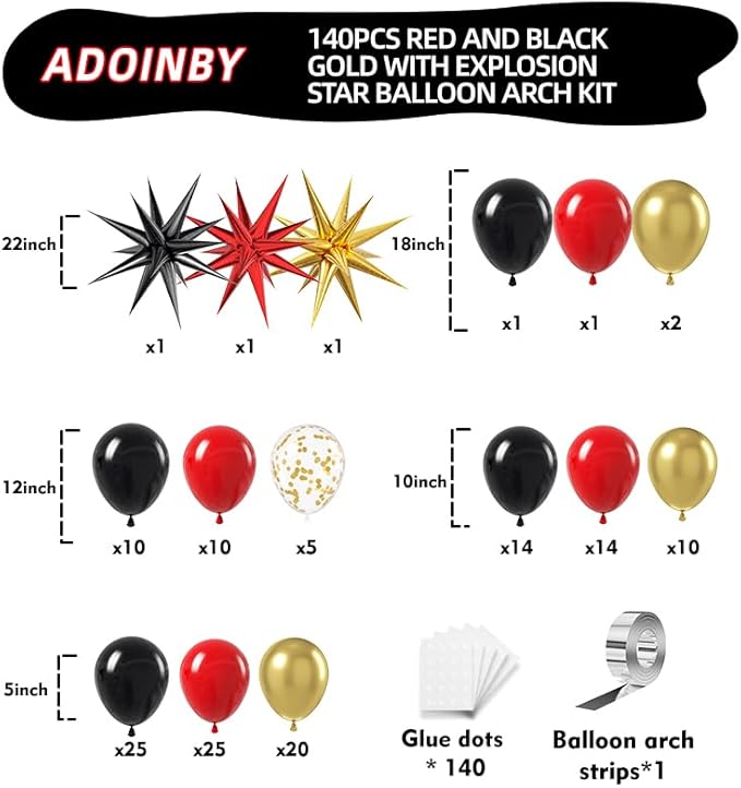 ADOINBY Red and Black Gold Balloon Arch Kit, 140Pcs Explosion Star Black and Red Metallic Gold Balloons 22 18 12 10 5 Inch Different Size Balloons for Birthday Casino Night Movie Night Decorations
