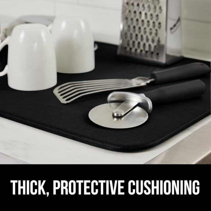 GORILLA GRIP Ultra Water Absorbent Microfiber Dish Drying Mat, Quick Dry Thick Mesh, Slip Resistant Pad for Sink Dishes or Under Rack, Kitchen Counter Accessories, Machine Wash Mats, 18x16 Inch, Black