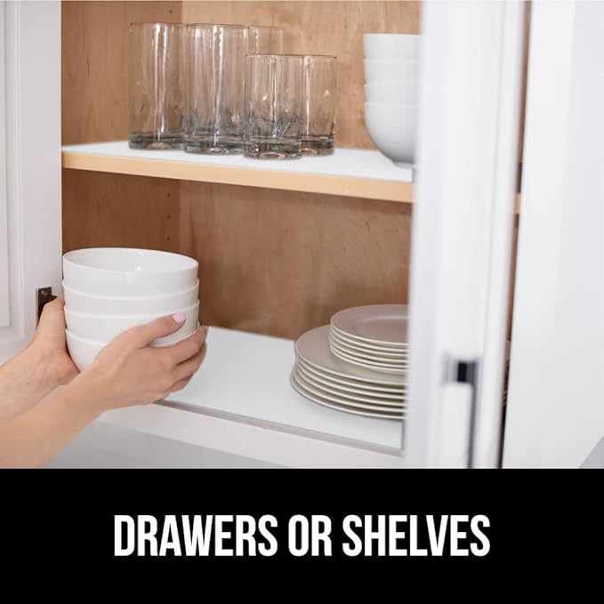 GORILLA GRIP DripGuard Shelf Liner, Non-Adhesive Drawer and Kitchen Cabinet Protector, Strong Grip Slip Resistant Underside, Smooth Surface Liners for Cabinets, Bathroom Closets, 17.5x240 Inch, White