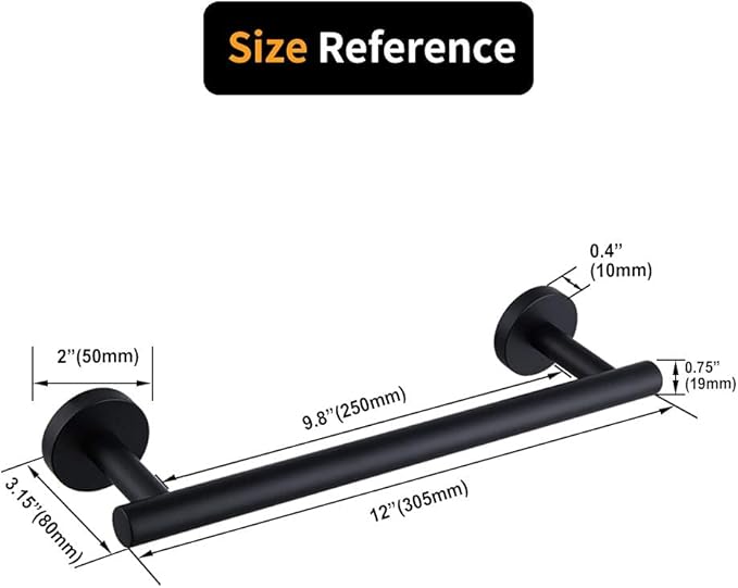 kimzcn Matte Black Hand Towel Bar SUS 304 Stainless Steel 12-Inch Towel Rack Holder for Bathroom Wall Mount