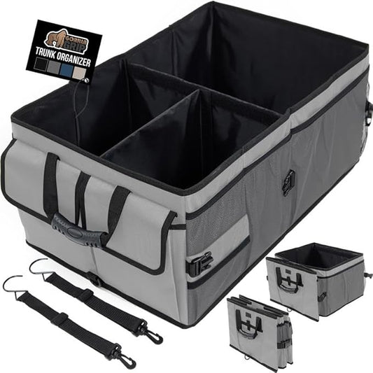 GORILLA GRIP Large Capacity Sturdy Trunk Storage Organizer, Slip and Water Resistant Collapsible Organization Container for Car Sedan or SUV, Multi Compartment Box Vehicle Accessories, Gray