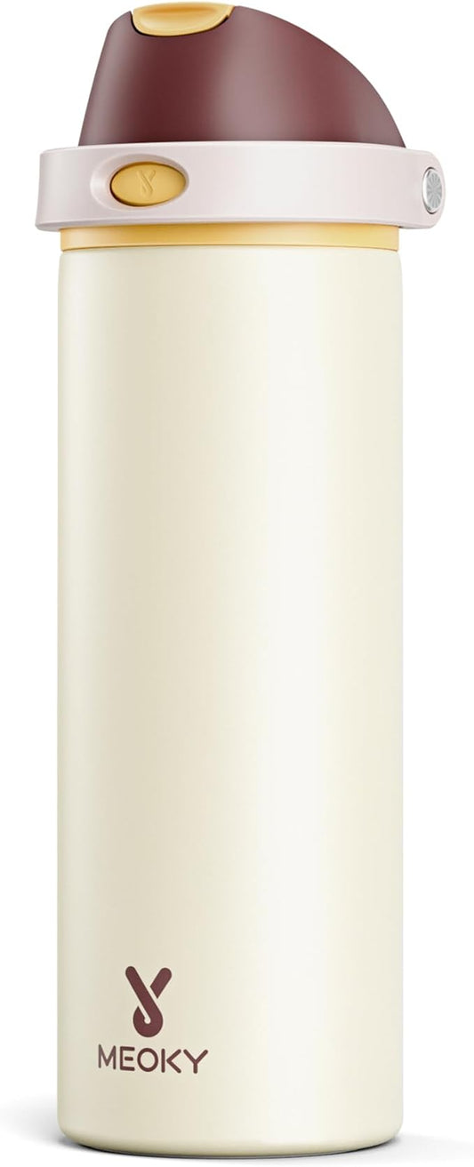 24 oz Insulated Water Bottle with Straw: Meoky Stainless Steel Metal Water Bottle with 2-in-1 Lid - Leak Proof, Cold for 24 Hours, Protective Silicone Base, BPA-Free for Sports Travel Car, Linen