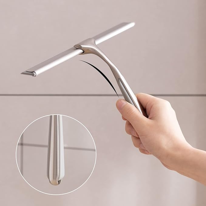 Shower Squeegee for Shower Doors 10 Inch Bathroom Squeegee for Windows,Kitchen,Mirror and Car Glass, Stainless Steel with Adhesive Hook