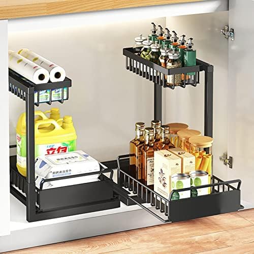 BYGD Under Sink Organizer 2 Tier Pull Out Under Sink Organizers and Storage 2 Pack Slide Out Cabinet Drawer Organizer Shelf Cabinet Storage Shelves for Kitchen Bathroom Pantry Closet Rack Black