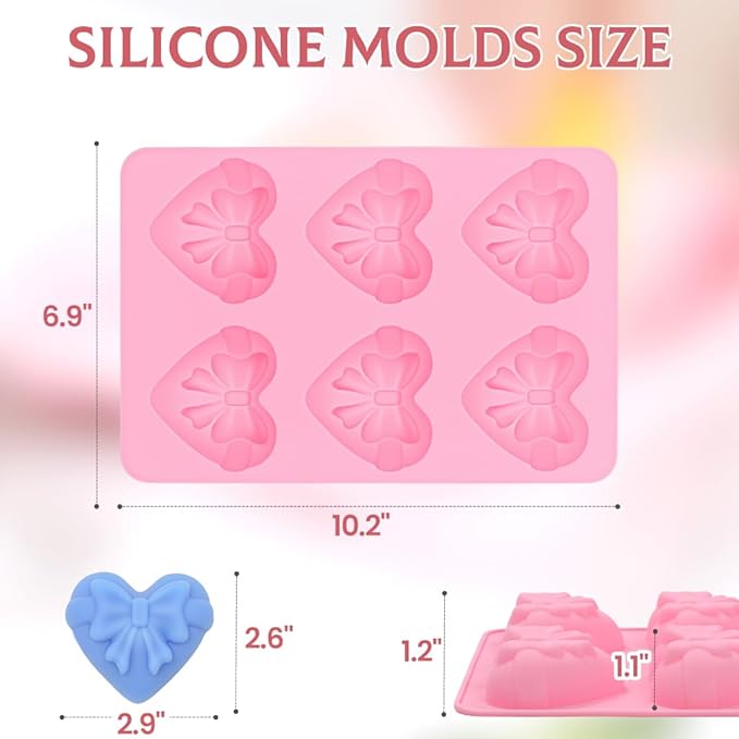 SJ Heart&Bow Shaped Silicone Mold 2 Packs, Soap Molds for Soap Making, 6 Cavities Heart Silicone Mold for Chocolate Cake Jelly Pudding Handmade Soap Mould Candy Making Ice Cube Trays Set of 2 -Pink