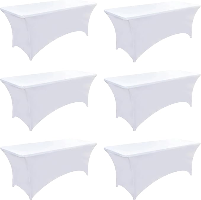 ZarzaaSik 6-Pack 6ft White Spandex Table Covers for Rectangle Standard Folding Tables - Wrinkle Resistant Stretch Tablecloths - Ultimate Fitted Table Protector for Parties, Trade Shows, Wedding