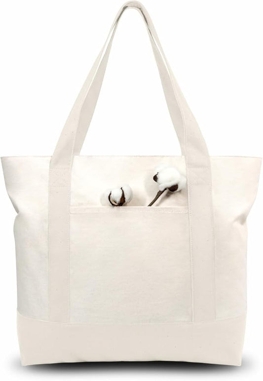 TOPDesign 6-Pack Canvas Tote Bags with an External Pocket, Reusable Grocery Shopping Bags, Top Zipper Closure, Daily Essentials (Natural)