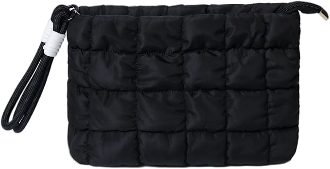 Puffy Quilted Makeup Bag Cosmetic Bag Equipped with a Detachable Handle Cute Zipper Pouch for Storage Clutch for Women (Black)