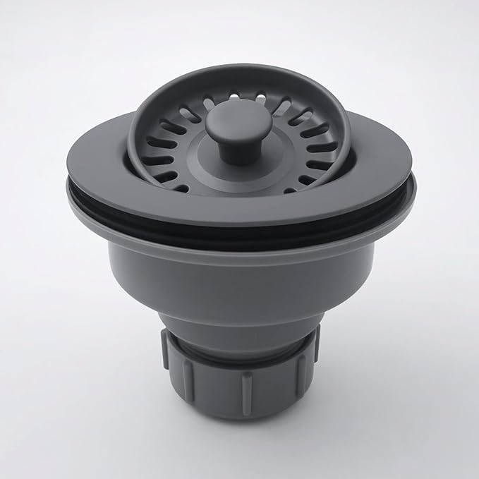 3-1/2 Inch Polymer Urban Gray Sink Drain Assembly with Basket Strainer and Stopper for Quartz, Granite or Fireclay Kitchen Sinks