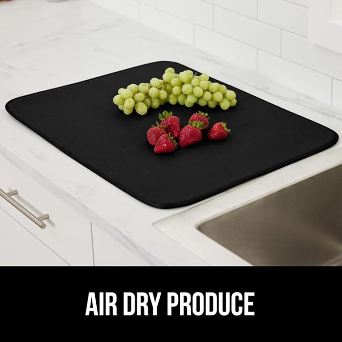 GORILLA GRIP Ultra Water Absorbent Microfiber Dish Drying Mat, Quick Dry Thick Mesh, Slip Resistant Pad for Sink Dishes or Under Rack, Kitchen Counter Accessories, Machine Wash Mats, 18x16 Inch, Black