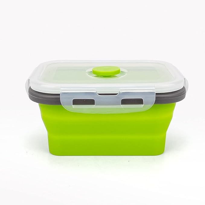 CCyanzi 3-Piece Collapsible Food Storage Containers with Lids, Silicone Lunch Container, Microwave & Freezer Safe, Space Saving for Kitchen Cabinet and Camping Backpack (Green Gray)