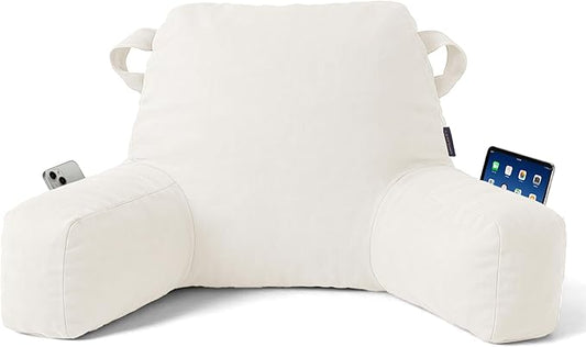 Portable Comfy Reading Pillows for Bed Sitting Up(Beige Oeko-Tex), Velvet Back Pillow with Arms & Pockets for Adults, Support Memory Foam Bed Pillow for Dorm/Reading/Watching/Gaming