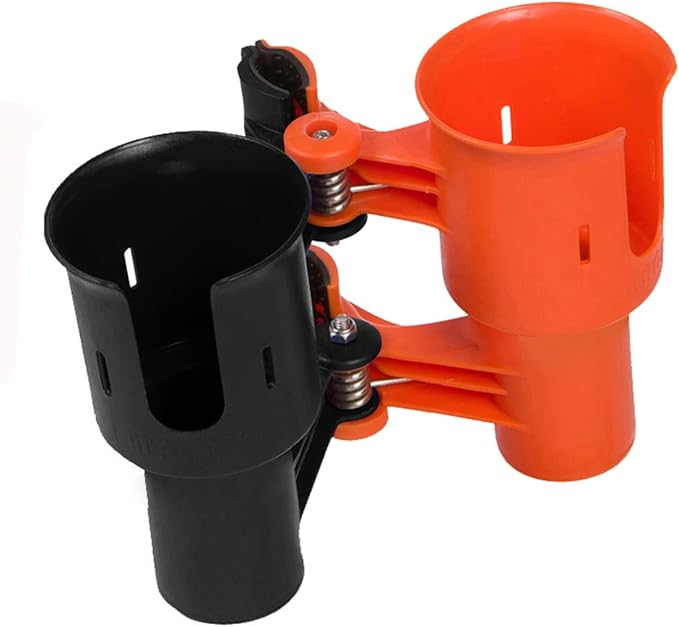 ROBOCUP, (Orange & Black), Patented Clamp On Boat Cup Holder |Multifunction Dual Drink Caddy for Fishing Poles, Tools, Net, Gaff |Portable Storage for Boating, Beach, Umbrellas, Golf Carts, Strollers